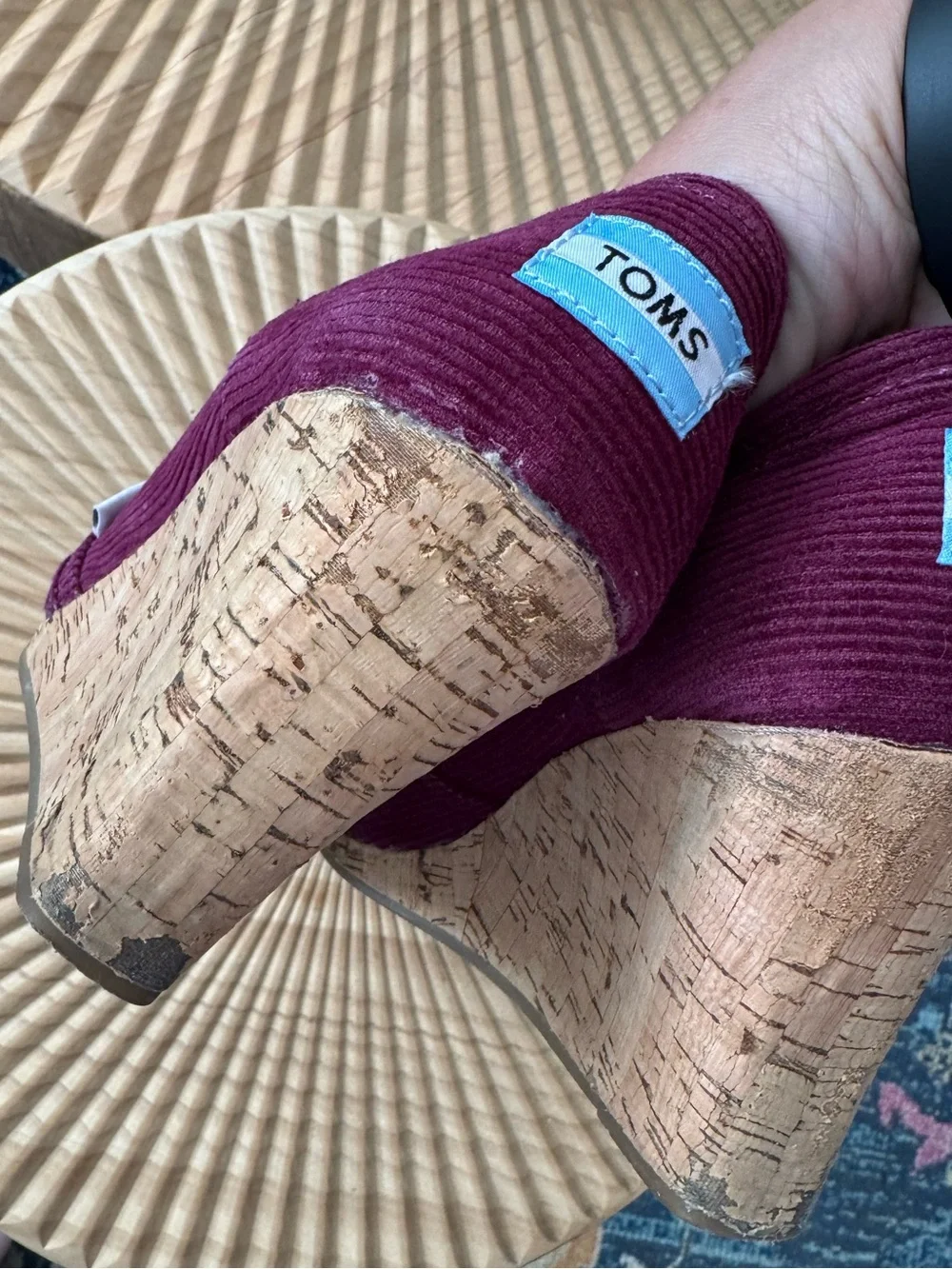 TOMS burgundy corduroy peep-toe wedge sandals with a cork-wrapped platform 8.5
